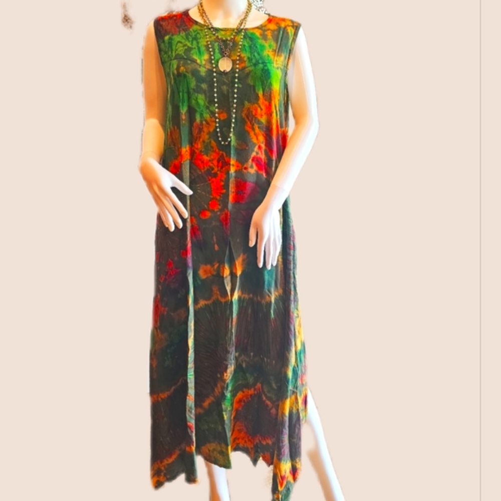 TIE DYE Colorful Rayon Flowy Shift Midi Dress OS-NEW